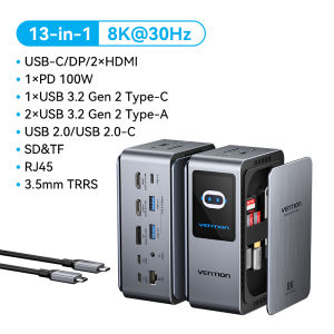 Vention 13 in 1 Type C Docking Station 8K 30Hz Display 100W PD Charging 10Gbps Data Transfer SD TF Simultaneous Reading Gigabit Ethernet 3.5mm Audio Aluminum Vertical Stand for laptop