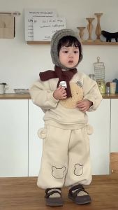 Boys Thickened Sweatshirt Bear Outfit 2026 Autumn and winter Korean-style childrens clothing baby clothes winter wear