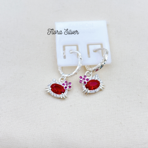 FLORA 0055B - Bông tai bạc ta hình mèo Hello Kitty đá màu xanh da trời đỏ trắng hồng dành cho bé gái