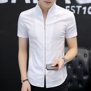 Áo sơ mi nam áo sơ mi cộc tay cổ đứng kéo khóa chất liệu siêu mát thấm hút mồ hôi N19