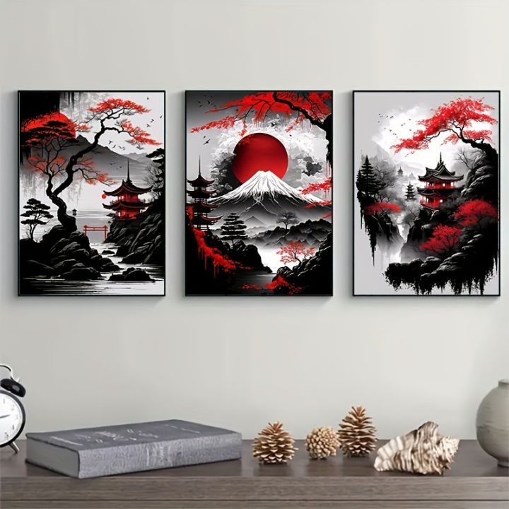 3pcs Frameless Japanese Natural Landscape Canvas Painting Black