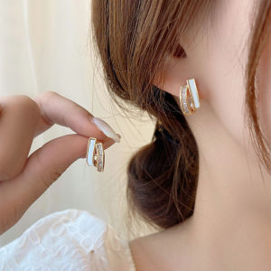 [haoh] 1Pair Light Luxury Zircon Earrings Korean Style Fashion Double Layer Earrings For Women Simple Temperament Ear Jewelry