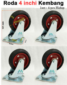 Roda kembang 4 inchi karet (4pcs:Hidup) Roda troli etalese pertukangan gerobak rubber