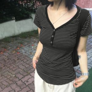 Goth Dark Casual Women Short Sleeve Striped T-shirts Y2K Fashion V-neck Button-up T-Shirt E-girl Slim Basic Tops Mall Goth Cloth2026