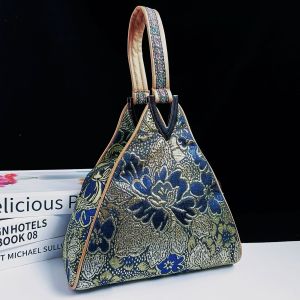 Golden Phoenix Embroidered Brocade Clutch Retro Triangle Wrist Bag Evening Bag for Women to Pair with Cheongsam. Triangular shape floral embroidery gold and blue colors wrist strap elegant design.