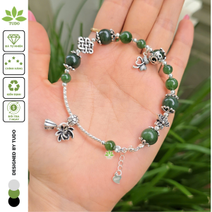 Q2509 Lắc bạc Ngọc Bích mix charm bạc Thái cuộn hạt hoa sen cát tường treo cỏ sen chùm ko kén mệnh - Phong Thủy TUDO