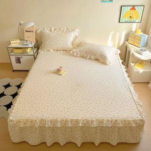 Washed Cotton Bed Sheet Lemon Printed Super Single Queen King Bed Skirt 35cm Height Bedspread