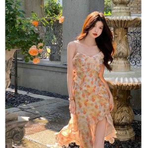 ELF TRIBE Váy In Hoa Cho Nữ Váy Xếp Nếp Không Đối Xứng Đầm Dây Thanh Lịch Dài Vừa Phải Hợp Thời Trang