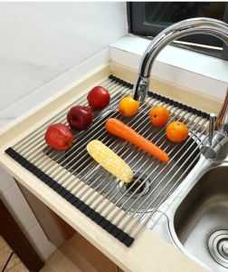 MEMORY Roll-Up Sink Rack Dish Drying Rack Sink Dish Storage Rack Kitchen Shelf Stainless Steel Silastic Framework Foldable Multifunctional Extra Large Heat-resisting Kitchen Container Kitchen Drain Rack Organizer Holder (47cm X 36cm)