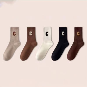 RunMall 5Paris White socks womens C letter thin running socsk medium length sports socks medyas