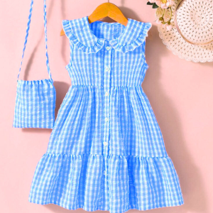 dres anak  Anak Perempuan Motif Kotak-Kotak dengan tas kecil cantik untuk Usia 3-10 Tahun