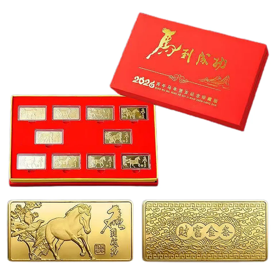 [Lightnice] 10PCS Boxed 2026 CNY Year Of The Horse Zodiac Gold Bar Chinese  New Year Success at First Try Commemorative Medal Chinese Horse Year Event  ...