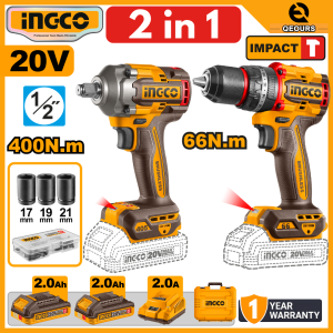 INGCO 20V 2-IN-1 CORDLESS IMPACT WRENCH & IMPACT DRILL COMBO KIT | BRUSHLESS MOTOR | CKLI20275
