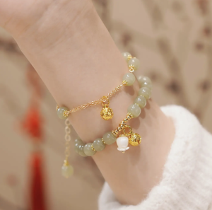 Viviann Original 1Pcs Hetian Jade Bracelet Bell Flower Sweet Charm Beaded Bracelets For Women Anklet Fashion Jewelry Party Gift Charm Bracelets & Bangle Fit Brand Bracelet For Women