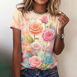 [Local Stock] ZEEMIN Summer Fashion Flower Rose 3D Print T-shirts Women Streetwear Casual Y2k Short Sleeve T Shirt O-neck Tees Tops Clothing