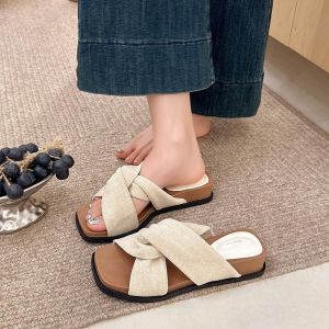 Free Shipping Square-Toed Woven Thick-Soled Wedge Sandals For Women Summer Outdoor Wear 2026 New Model Holiday Style Slippers