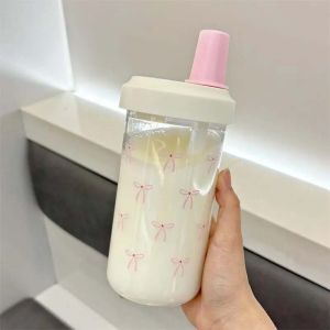 500/850ML Pink Bow Straw Water Bottle With Lid Cute Coffee Bubble Milk Tea Plastic Cup For Outdoor School Drinking Water Bottles2026
