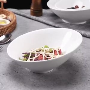 LZD Pure White Ceramic Oblique Bowl Fruit Salad Bowl 8 Inch Creative Simple Western Tableware Dessert round Large Bowl