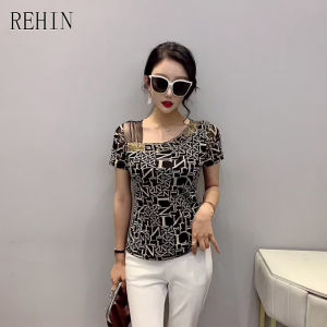 REHIN Womens top New Summer fashion hot stamping drill mesh short-sleeved T-shirt Slim fit blouse