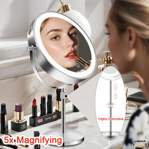 Lighted Makeup Mirror 5X Magnifying Mirror with 3 Color Dimmable Lights Double Sided Vanity Mirror Height Adjustable 360° Swivel Cosmetic Mirror