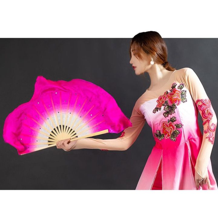 MAXG Màu chuyển sắc Giả Dài Quạt tơ nhân tạo Quạt lụa Quạt lụa dài Quạt ...