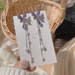 【24H COD】Luxury Crystal Butterfly Drop Earrings Cute Girl Purple Rhinestone Earrings