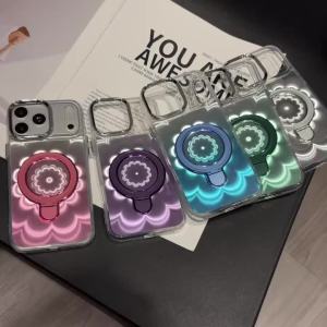 Gradient Flower Magnetic Phone Case for iPhone 13 14 15 17 Pro Max Air 17e 16e 16Plus Ring Stand Shockproof Cover