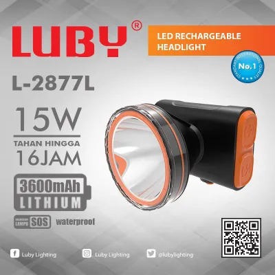 Senter Kepala Luby 15 Watt Baterai Cas L 2877L Water Proof Headlamp Cahaya Putih Head lamp 2877