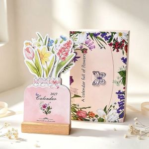 MODERNLUX Wooden Base 2027 Desk Calendar Monthly Paper Wooden Stand Calendar Floral Artwork Wooden Table Calendar Home Office Decorative