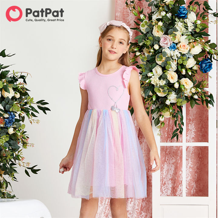 PatPat Beautiful Kid Girl Princess Fly Sleeve Heart Rainbow Mesh Dress