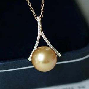Montagne Jewelry 18K Pure Gold Pendant Natural Diamond Inset Design Fine Jewellery Natural Top Grade 9.5-10mm South Sea Pearl Pendant Necklace