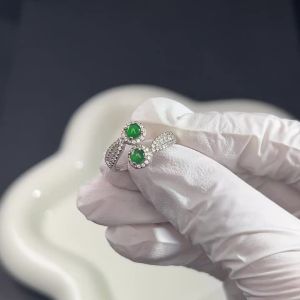Original A-type Jade Green Double Round Bead S925 Full Zircon Women Open Ring Fashion Jewelry with Certificate