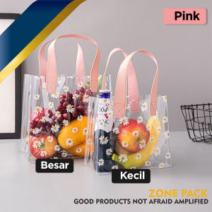 Tas Mika PVC Motif Bunga Daisy | Totebag Souvenir Transparan | Goodiebag Gift Bag Handle  Leather Mika