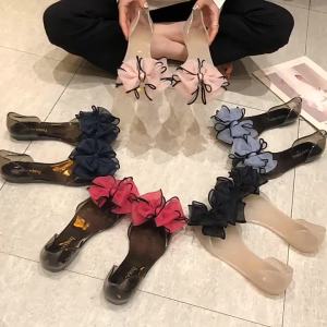 [Free Shipping] WomenS New Jelly Shoes Korean Style Flat Fish Mouth Sandals Flat Plastic Transparent Bow Beach Vacation Sandals