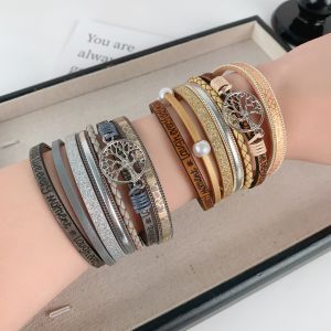 Hot Sale Bohemian Bracelet Hollow Tree of Life Embossed Letter Pearl Multi-layer Leather Magnetic Bracelet
