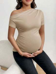 AA Elegant Maternity Off-Shoulder T-Shirt with Short Sleeves and Plain Design