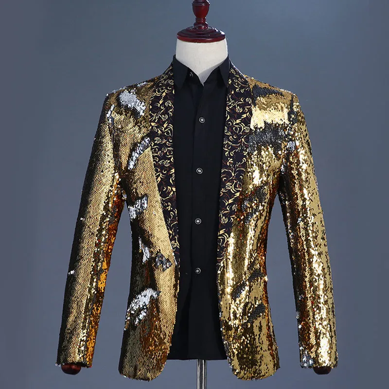 Fashion Flipping Sequins Glitter Blazer Jackets Men Stage Prom Dance Party  Black Silver Paillette Suits Homme Singer DJ Costumes
