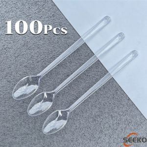 Seeko 100pcs Disposable Plastic Spoon Colored Long Teaspoon for Dessert Milk Tea Sorbet