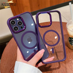 Kisscase Mạ Điện Magsafe Rõ Ràng vỏ điện thoại Cho Iphone15 Pro Max 14 Cộng Với 13 12 Cho Không Dây Sạc Kim Loại Khung Camera lưng nhựa PC cứng Bìa