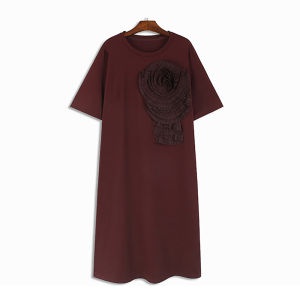 XITAO Three-dimensional Decoration Dresses Solid Color O-neck Pullover Floral Side Split Mid-calf Casual Dress Summer ZY8688