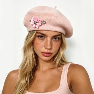 J9YXDU Solid Color Wool Beret Crystal Decor Floral Rhinestone French Style Painter Cap Sweet Warm Beret Hat Women