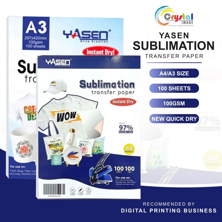 Yasen Transfer Paper Sublimation 100Sheets A4/A3 100GSM QuickDry HeatTransfer for Sublimation Printing&HeatPress Machine