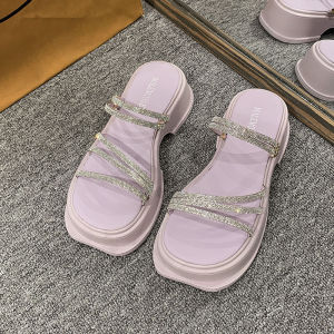 Free Shipping 2026 New Summer Collection: Rhinestone-Embellished Platform Sandals For Women Versatile Slip-On Sandals Perfect For The Beach Featuring A Thick Sole And A Comfortable Cushioned Design