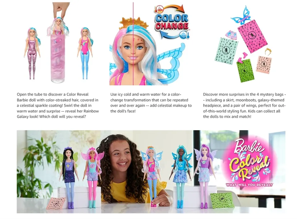 Mattel Barbie Color Reveal Doll With 6 Unboxing Surprises, Rainbow Galaxy  Series HJX61