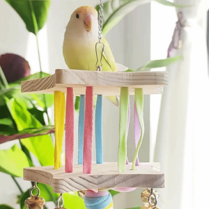 MUQZI Wooden Parrot Swing Toy with Hook Colourful Bird Toy Hammock Bird Perch Stand with Bells Parrot Cage Hut Pet Bird Training