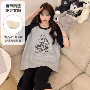 Summer Cotton Pajamas with Breast Pads for Teenagers Short Sleeves and Cropped Pants Pyjamas Set Woman Girls Cute Cartoon Casual Style Home Clothes Can Be Worn Outside