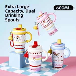 GLOWLITE 600ml Thermal Water Bottle Creative Leak Proof Outdoor Insulated Mug Milk Tea Cup Cute Cold Beverages Cups Coffee Tea