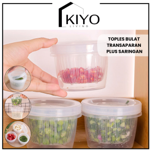 KIYO Toples Bulat Transaparan Plus Saringan Penyimpanan Bawang Sayur Peniris Sayuran Serbaguna