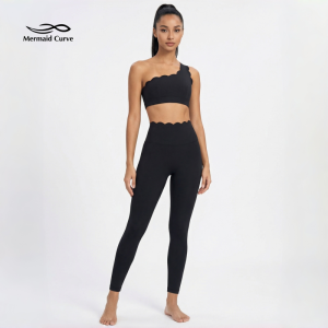 One Shoulder Scallop Edge Yoga Set Wireless Sports Bra & High Waist Leggings Seamless Tummy Control Activewear Women Gym Outfit2026