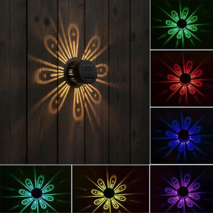Outdoor Decorative Solar Wall Lamp Waterproof IP55 Fence Lights Flower Shadow Projector For Garden Backyard Deck Stair Pathway Decoration Warm White RGB Auto Color Changing